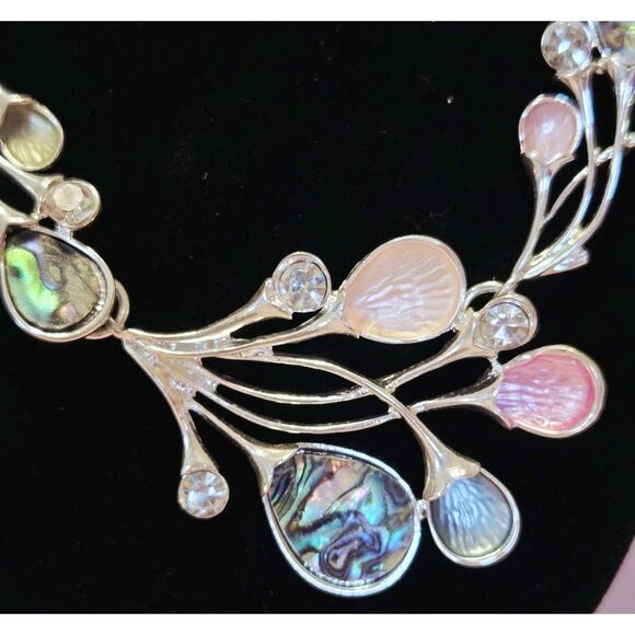 Vtg Abalone Necklace Earring Set Silvertone Pink Abstract 3D Balloons Romance - Picture 3 of 12